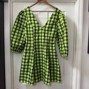 CIDER Women's Black/Lime Neon Plaid V-Neck Half Sleeve Mini Dress Size Large NWT